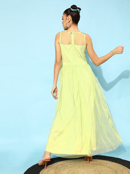 Women Lime Green-Coloured Embellished Maxi Dress VitansEthnics