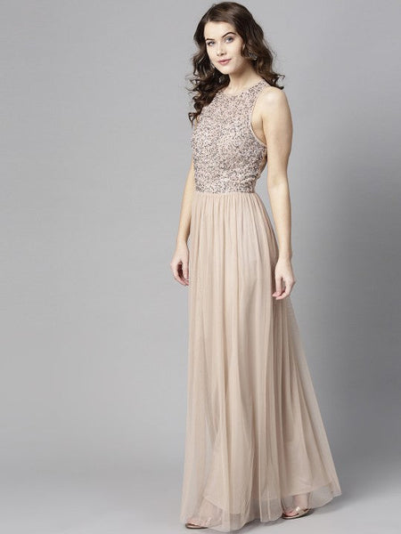 Women Peach-Coloured Embellished Maxi Dress VitansEthnics