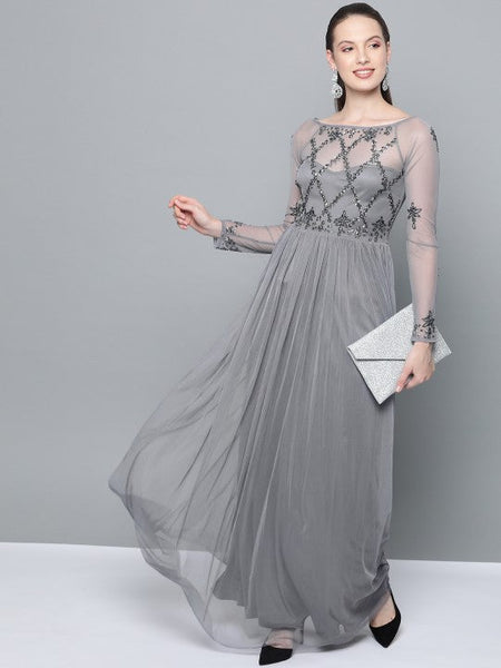 Women Grey Net Embellished Detail Maxi Dress VitansEthnics