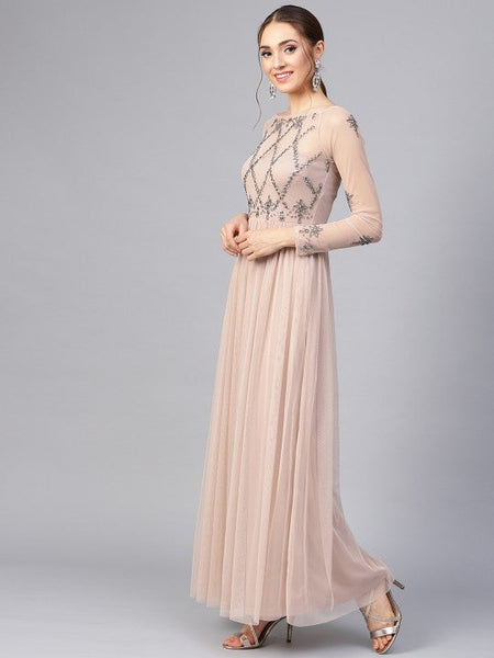 Women Beige Net Embellished Detail Maxi Dress VitansEthnics