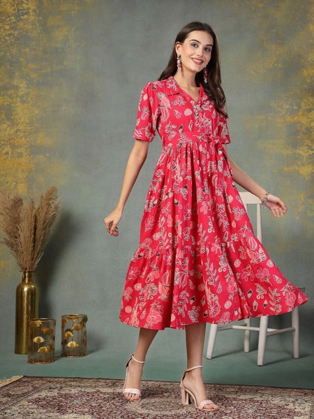 Women Red Tropical Print Fit & Flare Maxi Dress VitansEthnics