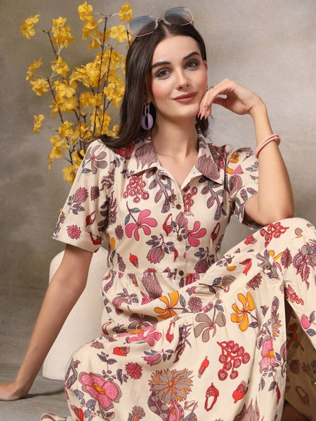 Women Tropical Print Fit & Flare Maxi Dress XXL / Beige Women Tropical Print Fit & Flare Maxi Dress XXL / Beige