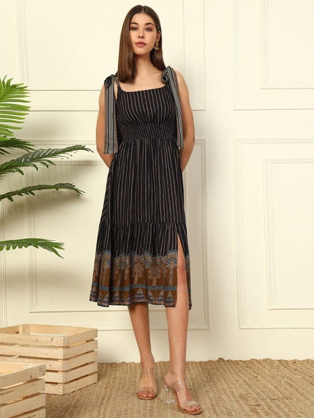 Women Indo Western Striped Fit & Flare Midi Dress VitansEthnics