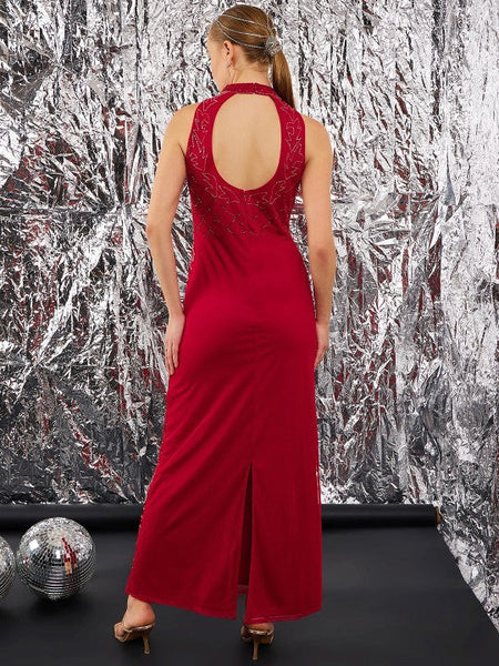 Women Red Embellished Net Halter Neck Sheath Dress VitansEthnics