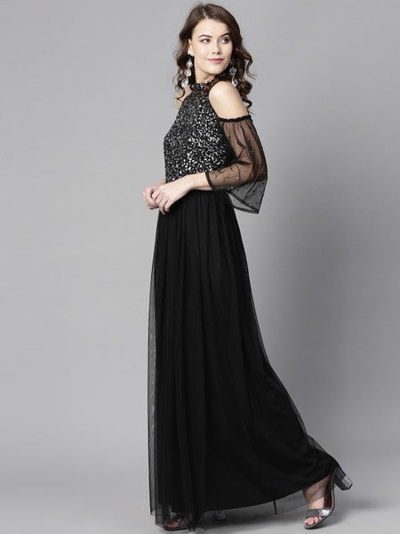 Women Black Solid Maxi Dress with Sequinned Detail VitansEthnics