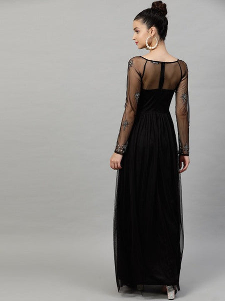 Women Black Net Embellished Detail Maxi Dress VitansEthnics