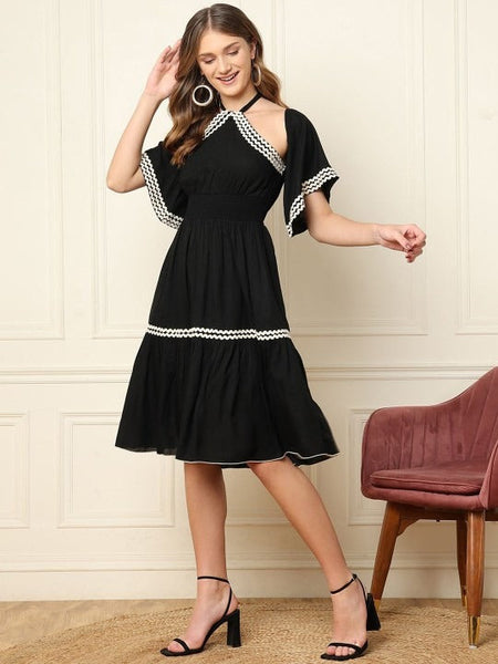 Women Indo Western Halter Neck Bell Sleeve Fit & Flare Midi Dress VitansEthnics