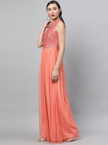 Women Orange Embellished Maxi Dress VitansEthnics