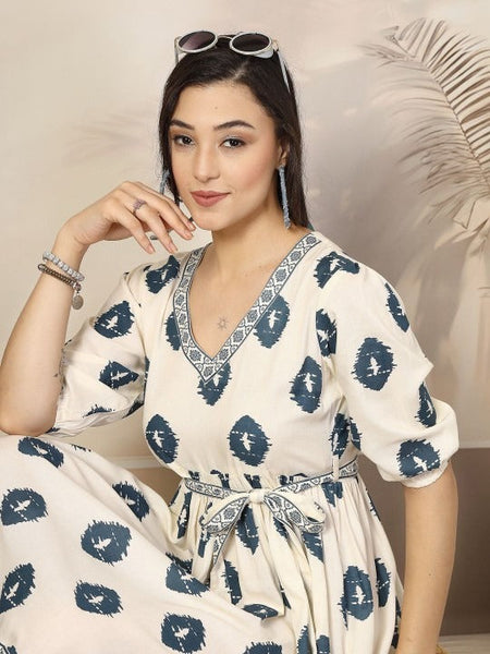 Women's Bohemian Print Puff Sleeve Fit & Flare Dress VitansEthnics