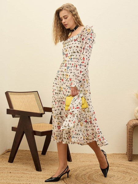 Women Floral Print Puff Sleeve Georgette Fit & Flare Layered Midi Dress VitansEthnics