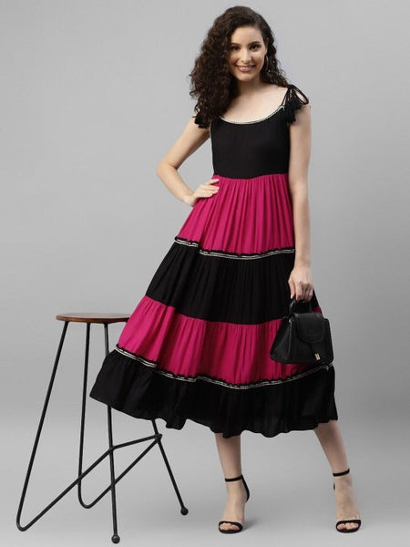 Women Indo Western Colourblocked A-Line Midi Dress VitansEthnics