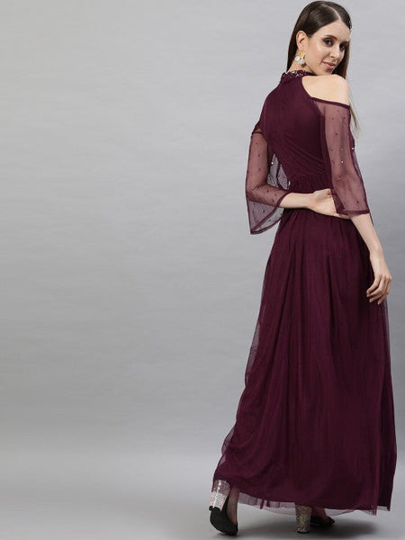 Women Burgundy Halter Neck Embellished Net Maxi Dress VitansEthnics