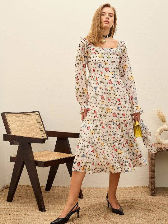 Women Floral Print Puff Sleeve Georgette Fit & Flare Layered Midi Dress VitansEthnics
