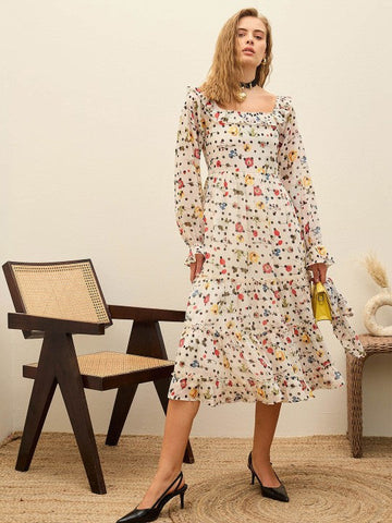 Women Floral Print Puff Sleeve Georgette Fit & Flare Layered Midi Dress VitansEthnics