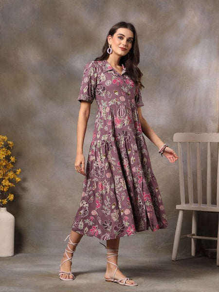 Women Purple Floral Printed Fit & Flare Maxi Tiered Dress VitansEthnics