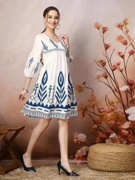 Women Bohemian Print Puff Sleeve Fit & Flare Dress VitansEthnics