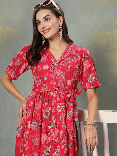 Women Red Tropical Print Fit & Flare Maxi Dress VitansEthnics