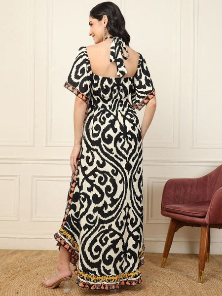 Women Printed Halter Neck Bell Sleeve Fit & Flare Maxi Dress VitansEthnics