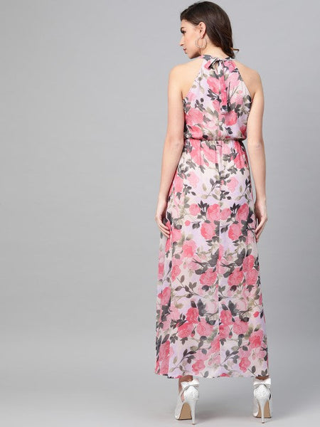 Women Cream-Coloured & Pink Floral Printed Maxi Dress VitansEthnics