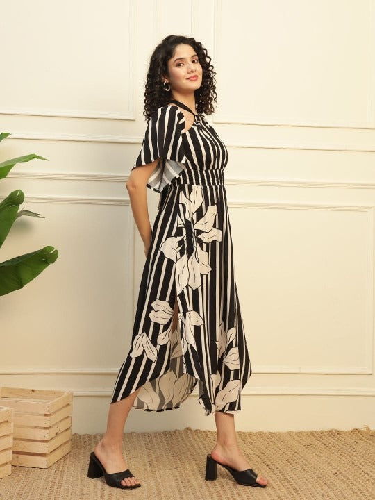 halter neck indo western dress Floral Printed Georgette Fit & Flare Overlap Asymmetric Halter Neck Midi Dress M / Blue