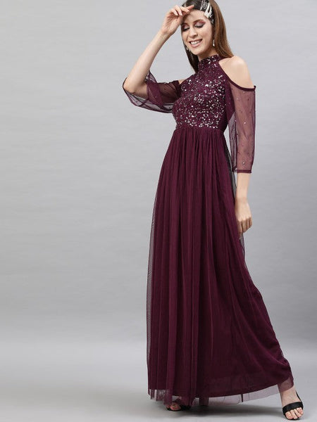 Women Burgundy Halter Neck Embellished Net Maxi Dress VitansEthnics