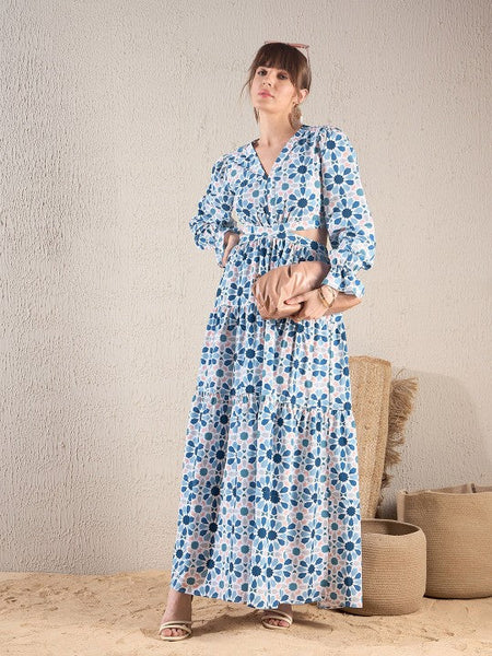 Women Teal Blue Floral Printed V Neck Cut Out Tiered Maxi Dress VitansEthnics