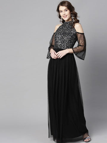Women Black Solid Maxi Dress with Sequinned Detail VitansEthnics