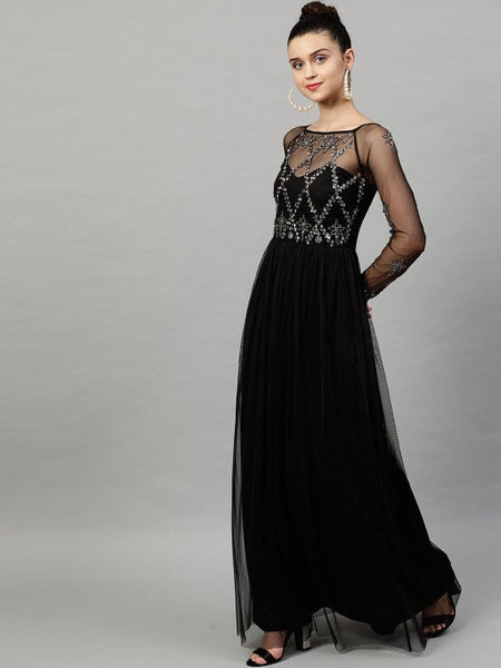 Women Black Net Embellished Detail Maxi Dress VitansEthnics
