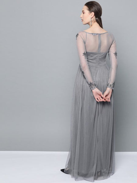 Women Grey Net Embellished Detail Maxi Dress VitansEthnics