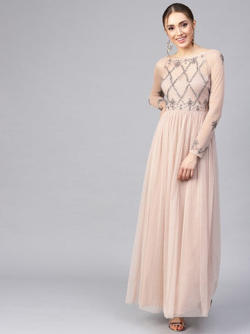 Women Beige Net Embellished Detail Maxi Dress VitansEthnics