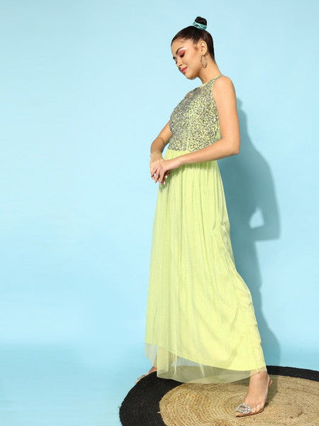 Women Lime Green-Coloured Embellished Maxi Dress VitansEthnics