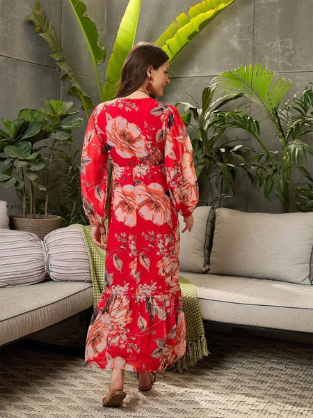 Women Floral Print Georgette Maxi Dress VitansEthnics