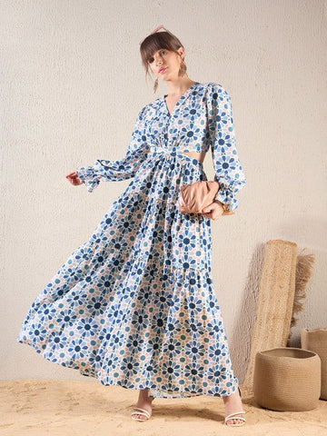 Women Teal Blue Floral Printed V Neck Cut Out Tiered Maxi Dress VitansEthnics