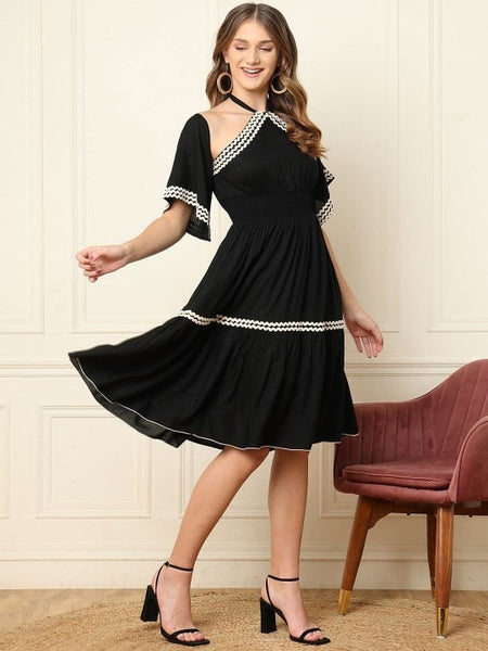 Women Indo Western Halter Neck Bell Sleeve Fit & Flare Midi Dress VitansEthnics
