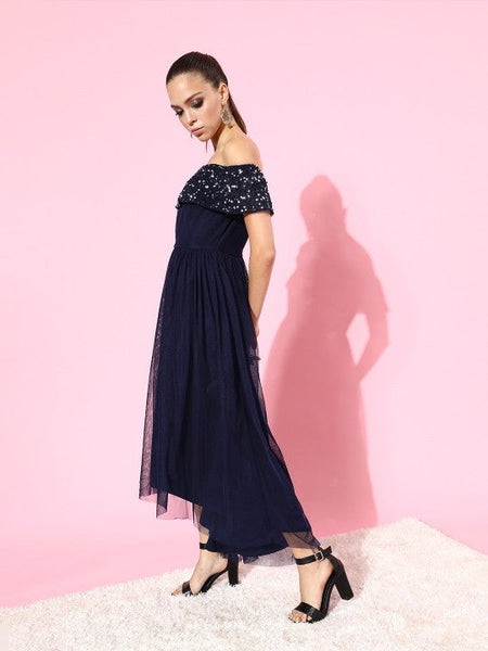 Women Women Deep Navy Blue Solid Net Cold Shoulder Maxi Dress VitansEthnics