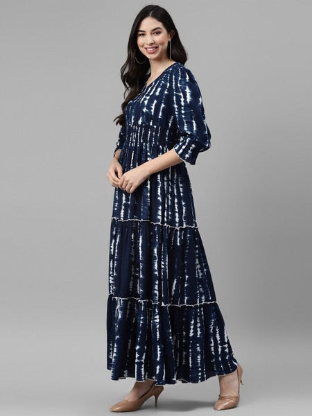 Women Navy Blue Ethnic Motifs Print Maxi Dress VitansEthnics