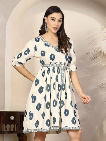 Women's Bohemian Print Puff Sleeve Fit & Flare Dress VitansEthnics