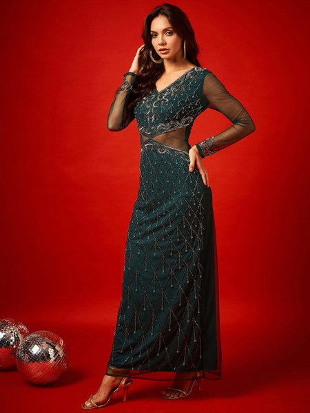 Women Embellished Long Sleeves Net Sheath Maxi Dress VitansEthnics