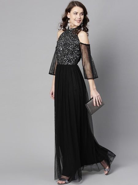 Women Black Solid Maxi Dress with Sequinned Detail VitansEthnics