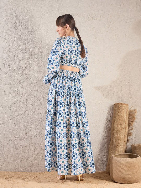 Women Teal Blue Floral Printed V Neck Cut Out Tiered Maxi Dress VitansEthnics
