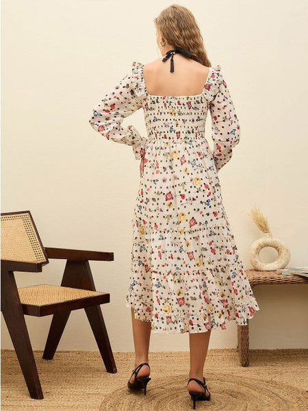 Women Floral Print Puff Sleeve Georgette Fit & Flare Layered Midi Dress VitansEthnics
