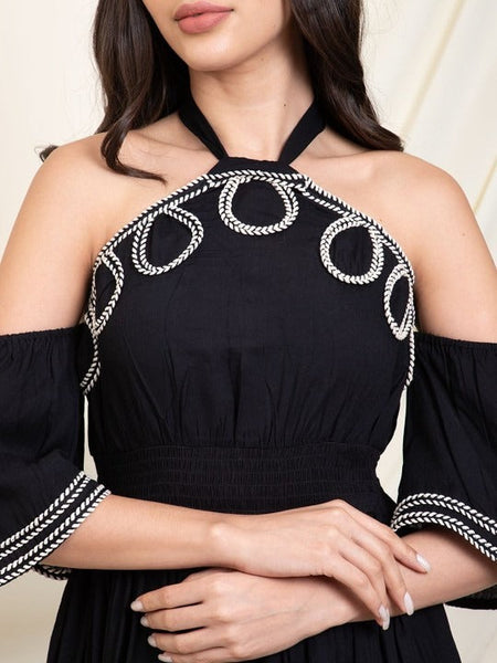 Women Indo Western Halter Neck Bell Sleeve Fit & Flare Midi Dress VitansEthnics