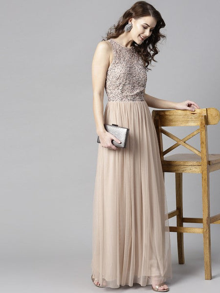 Women Peach-Coloured Embellished Maxi Dress VitansEthnics