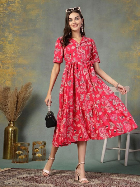 Women Red Tropical Print Fit & Flare Maxi Dress VitansEthnics