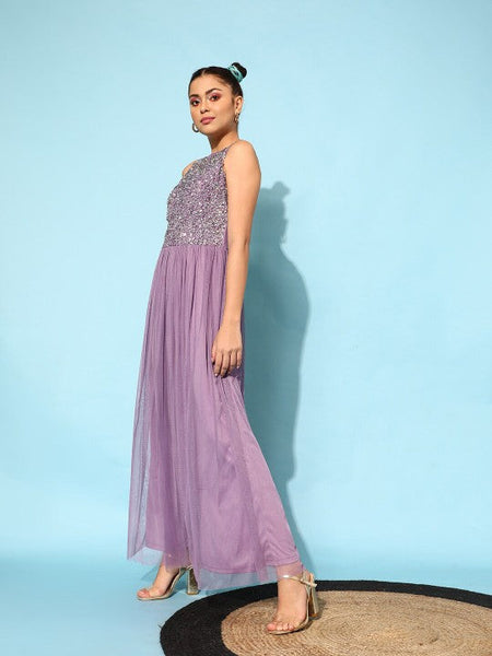 Women Lavender-Coloured Embellished Maxi Dress VitansEthnics