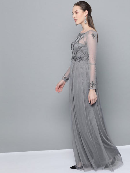 Women Grey Net Embellished Detail Maxi Dress VitansEthnics