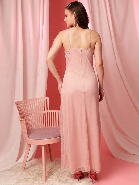 Women Pink Shoulder Straps Embellished Sequinned Net Maxi Dress VitansEthnics