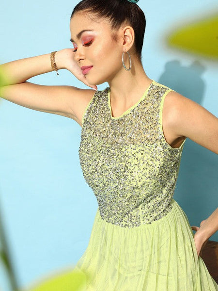 Women Lime Green-Coloured Embellished Maxi Dress VitansEthnics