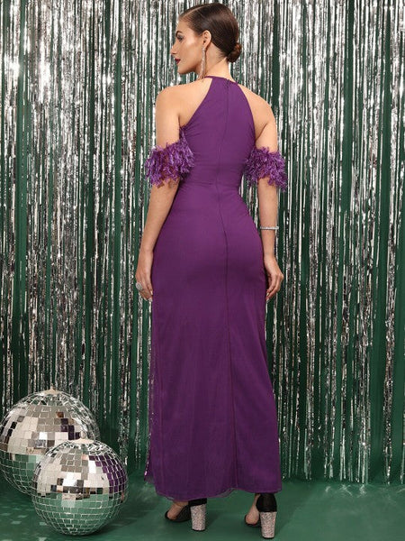 Women Purple Embellished Off Shoulder High Slit Bodycon Maxi Dress VitansEthnics
