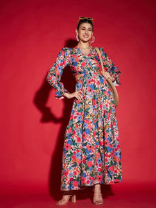 Women Blue Floral Printed Cut Out Crepe Maxi Dress VitansEthnics